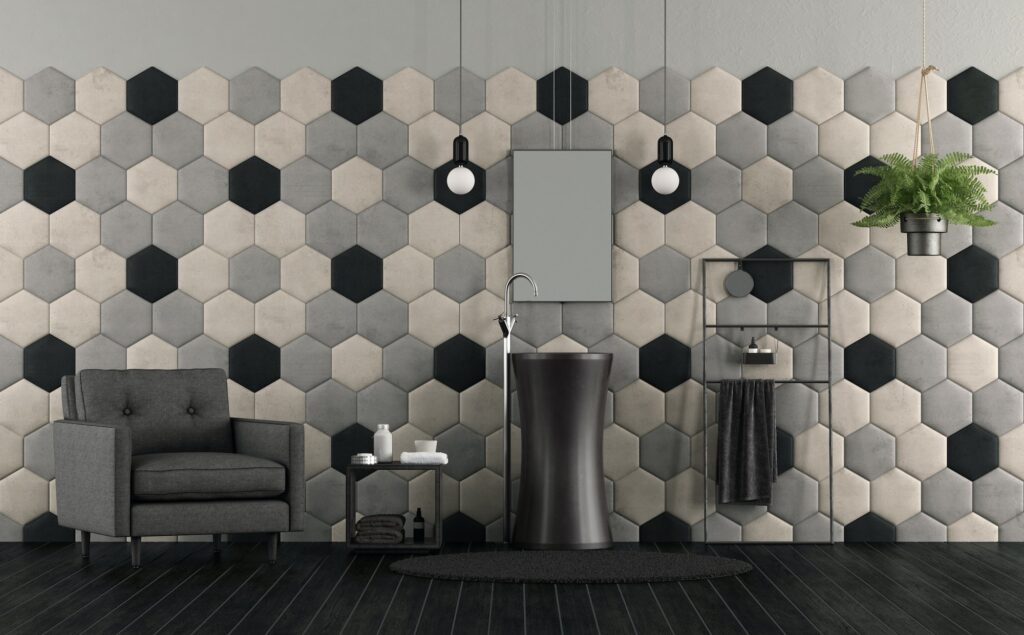 Bathroom with sink and hexagonal tiles